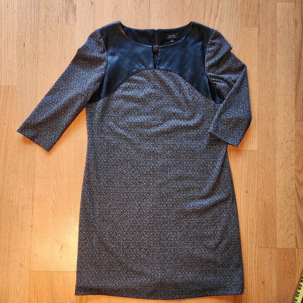 Tahari Chevron Twill Dress 3/4 Sleeve Faux Leather Work Edgy Minimalist Sz 10